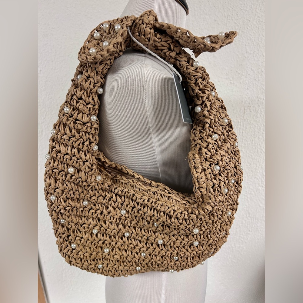 NWT Haute Hippie Straw Pearl-Embellished Woven Shoulder Hobo Bag in Natural Tan - Picture 10 of 12